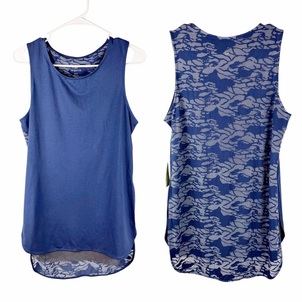 Tangerine Dark Blue Denim Camo Sleeveless Layered Mesh Tank Top Workout NWT
